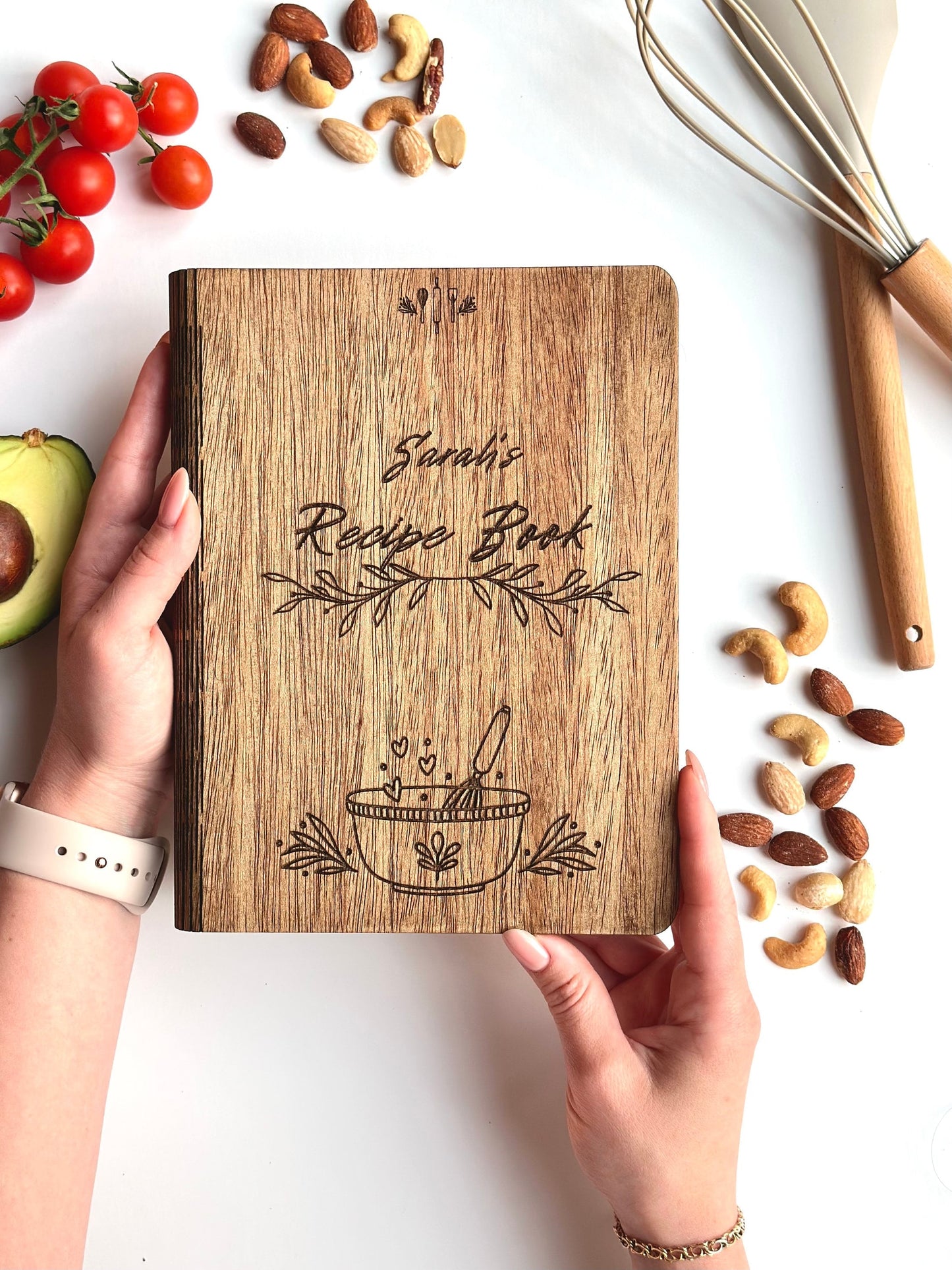 Cookbook Binder Personalized Wooden Notebook - Christmas Gift for Mom Daughter Dad Nana Copy of Custom Recipe Book with Blank Cards