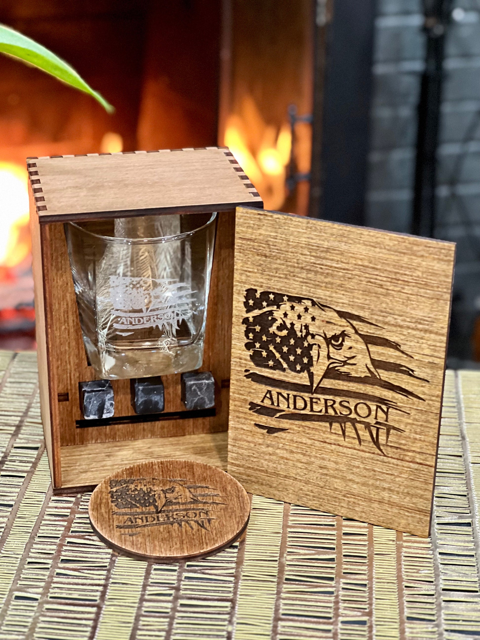 Whiskey Glass Set w/ Wooden Tray - Personalized Rocks Glass Set - Unique  Custom Gift for Housewarming, Christmas, Wedding - Monogram Barware