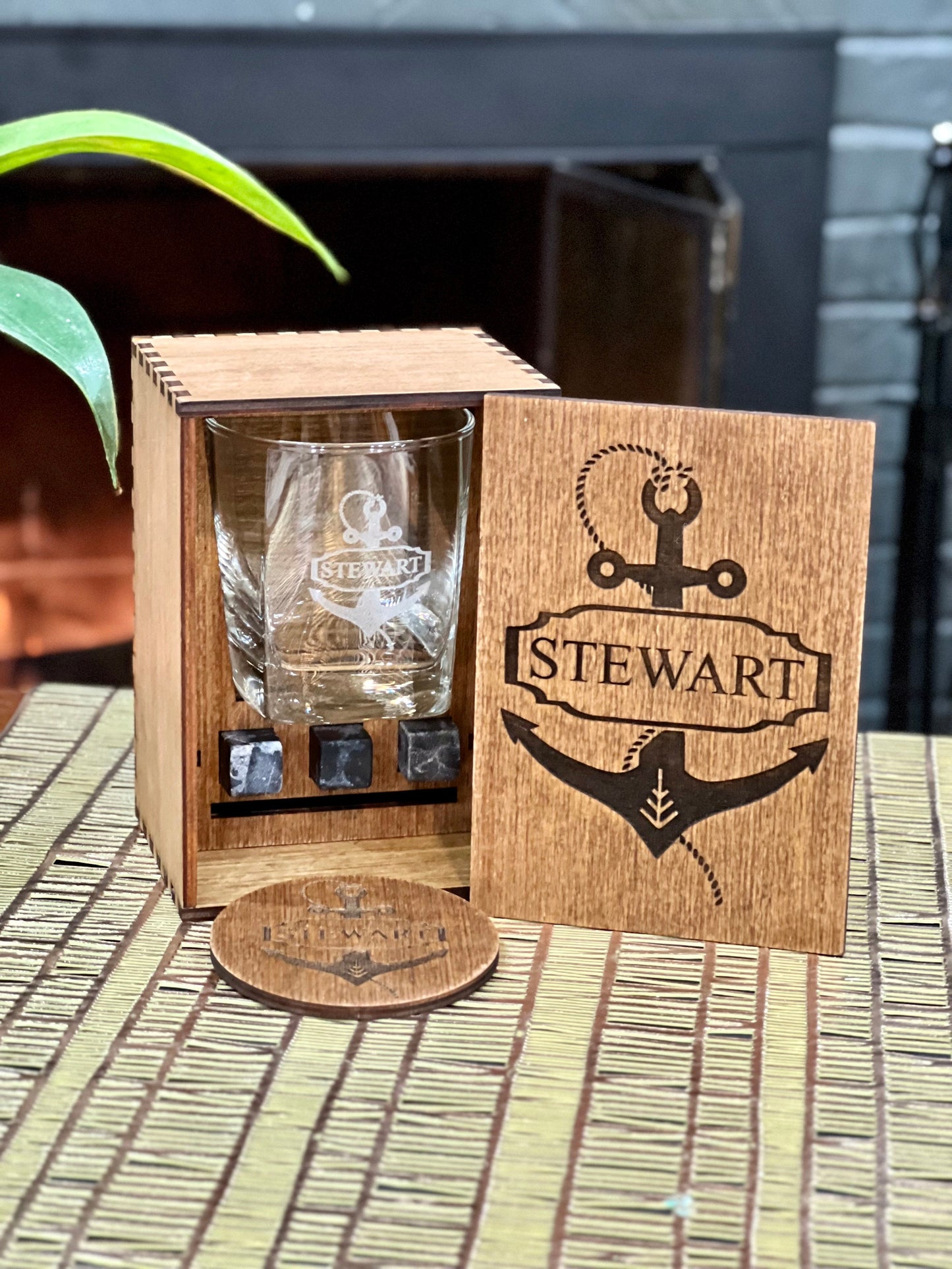 Personalized Whiskey Glasses Set With Engraved Wooden Box - Whiskey Glasses (10 oz ) & Stones Gift Set For Men,Fathers Day Gift for Dad