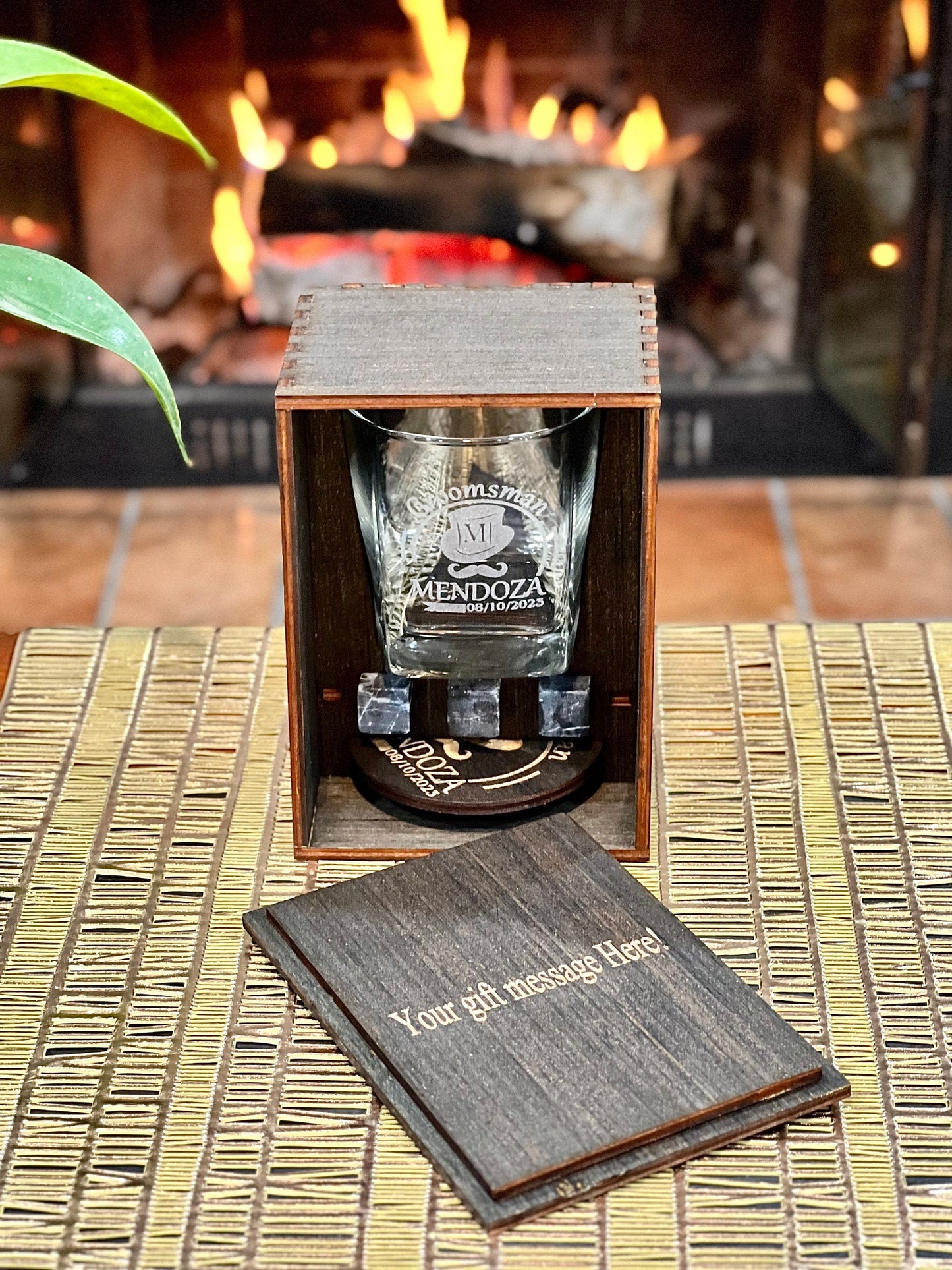 Personalized Whiskey Glasses Set With Engraved Wooden Box - Whiskey Glasses (10 oz ) & Stones Gift Set For Men,Fathers Day Gift for Dad